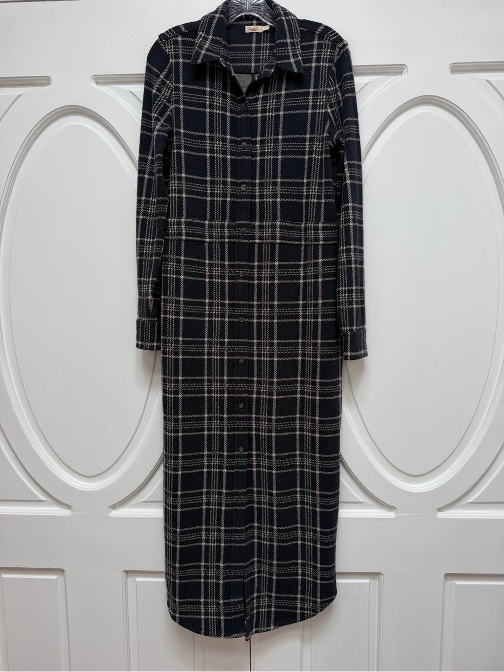 Faherty Legendary Black and Cream Plaid Button-Front Maxi Shirt Dress